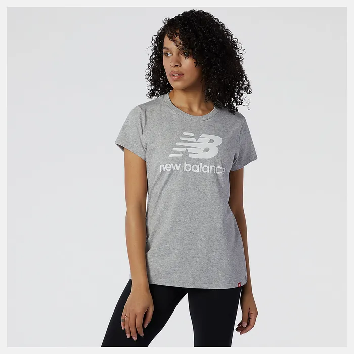 Women New Balance NB Essentials Stacked Logo Tee ATHLETIC GREY Shirts