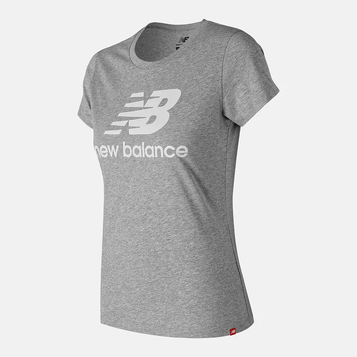 Women New Balance NB Essentials Stacked Logo Tee ATHLETIC GREY Shirts