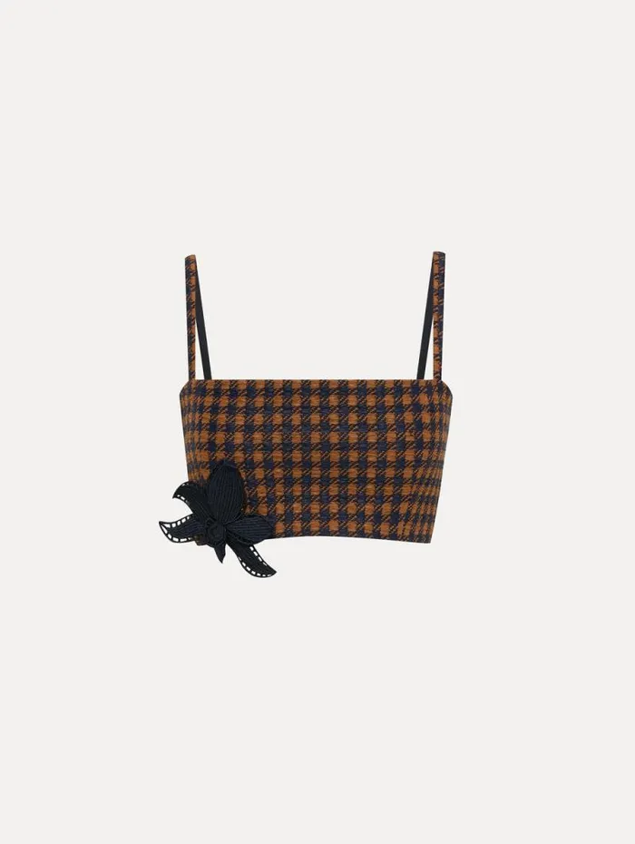 Women Oscar De La Renta Blouses and Knits Check Tweed Orchid Embroidered Top Cognac Navy