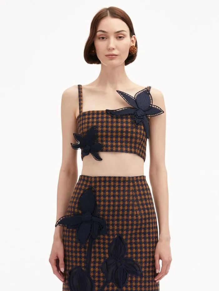 Women Oscar De La Renta Blouses and Knits Check Tweed Orchid Embroidered Top Cognac Navy Women Oscar De La Renta Blouses and Knits Check Tweed Orchid Embroidered Top Cognac Navy