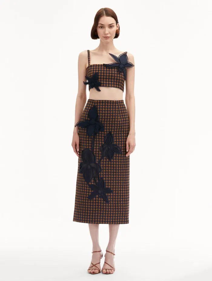 Women Oscar De La Renta Blouses and Knits Check Tweed Orchid Embroidered Top Cognac Navy Women Oscar De La Renta Blouses and Knits Check Tweed Orchid Embroidered Top Cognac Navy