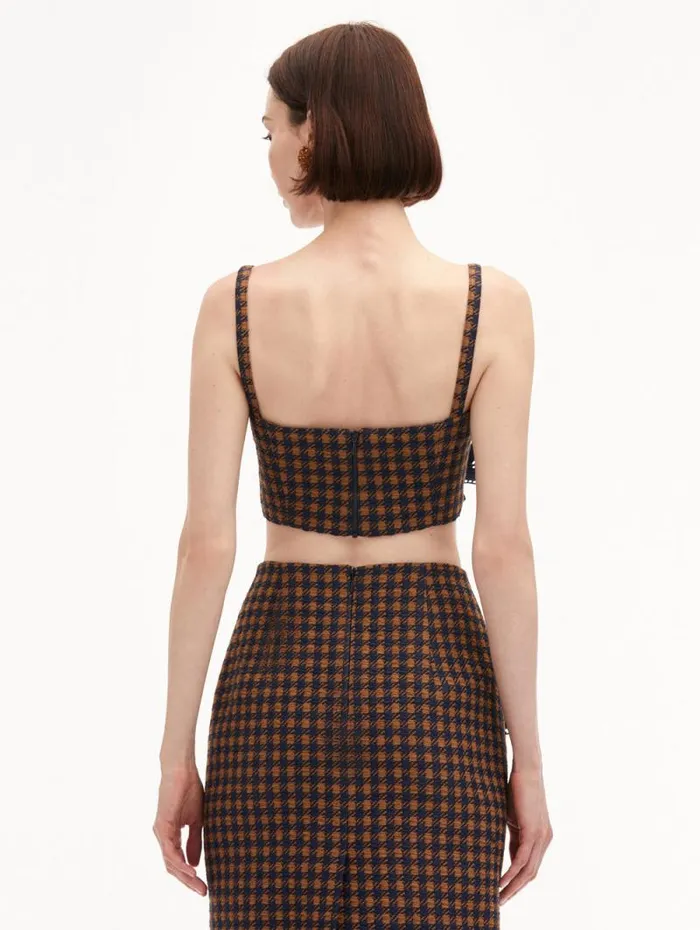 Women Oscar De La Renta Blouses and Knits Check Tweed Orchid Embroidered Top Cognac Navy Women Oscar De La Renta Blouses and Knits Check Tweed Orchid Embroidered Top Cognac Navy
