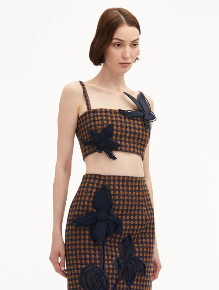Women Oscar De La Renta Blouses and Knits Check Tweed Orchid Embroidered Top Cognac Navy Women Oscar De La Renta Blouses and Knits Check Tweed Orchid Embroidered Top Cognac Navy