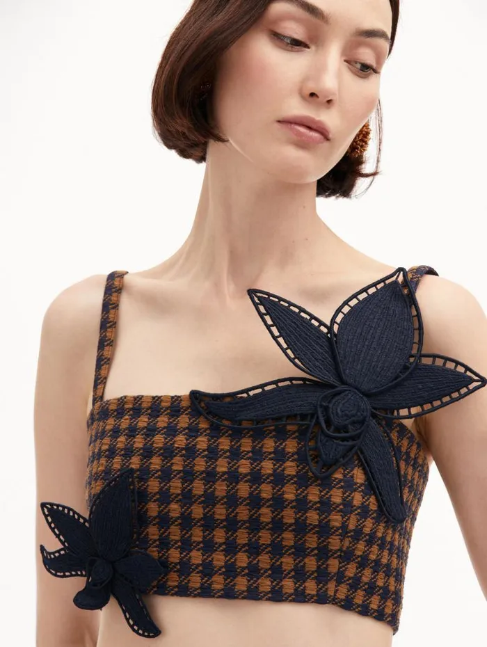 Women Oscar De La Renta Blouses and Knits Check Tweed Orchid Embroidered Top Cognac Navy Women Oscar De La Renta Blouses and Knits Check Tweed Orchid Embroidered Top Cognac Navy