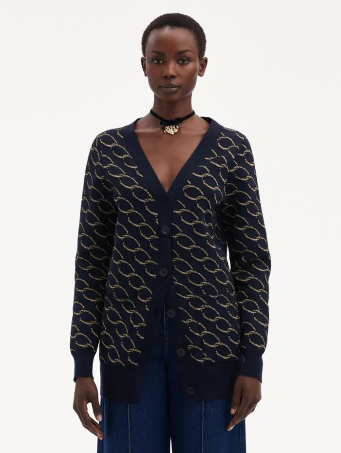 Women Oscar De La Renta Blouses and Knits Oscar ChainLink Long Cardigan Navygold