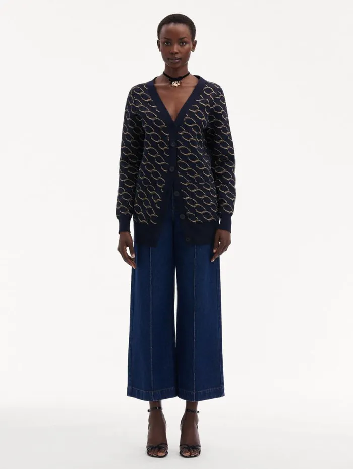 Women Oscar De La Renta Blouses and Knits Oscar ChainLink Long Cardigan Navygold