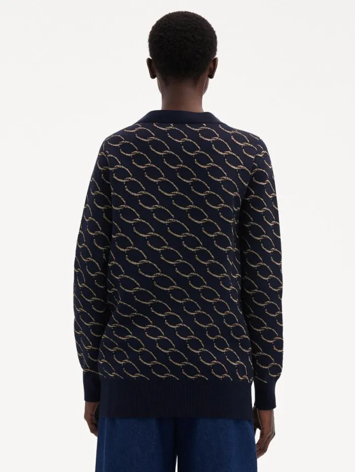 Women Oscar De La Renta Blouses and Knits Oscar ChainLink Long Cardigan Navygold