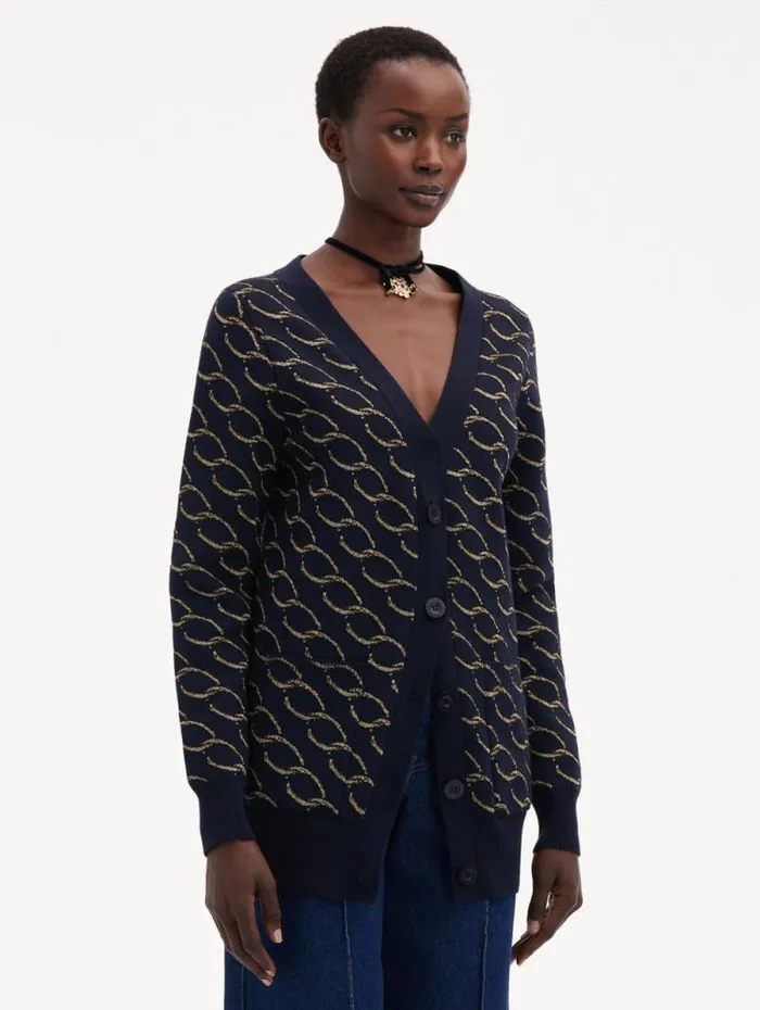 Women Oscar De La Renta Blouses and Knits Oscar ChainLink Long Cardigan Navygold