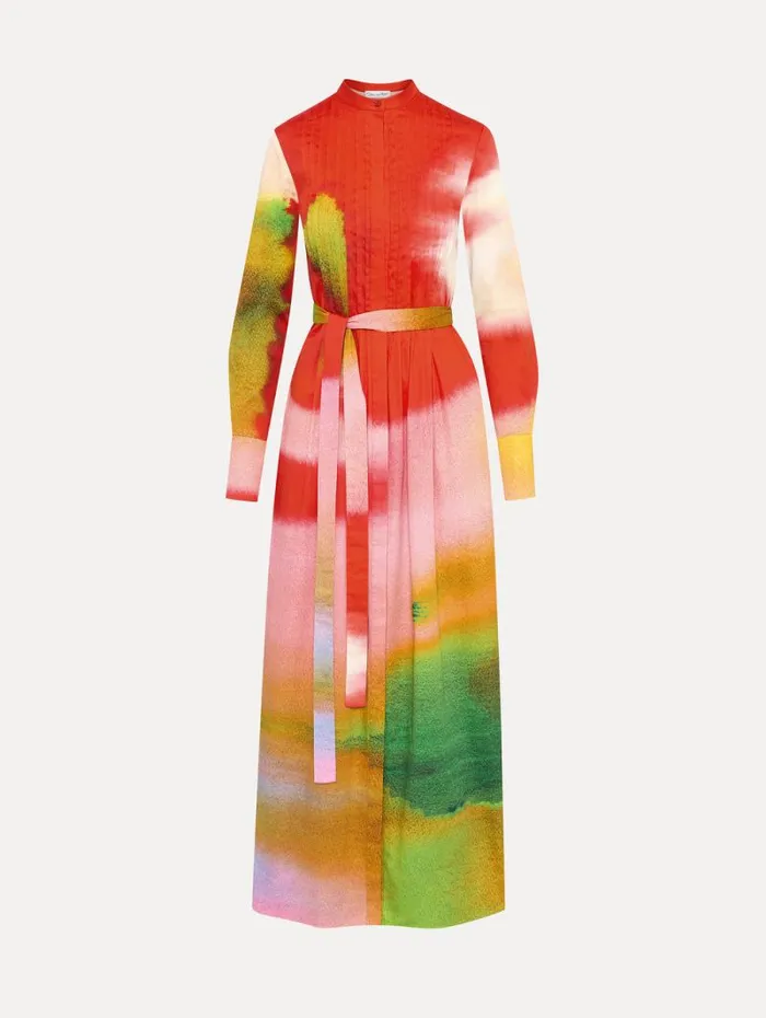 Women Oscar De La Renta Dresses Abstract Watercolor Caftan Vermilion Multi