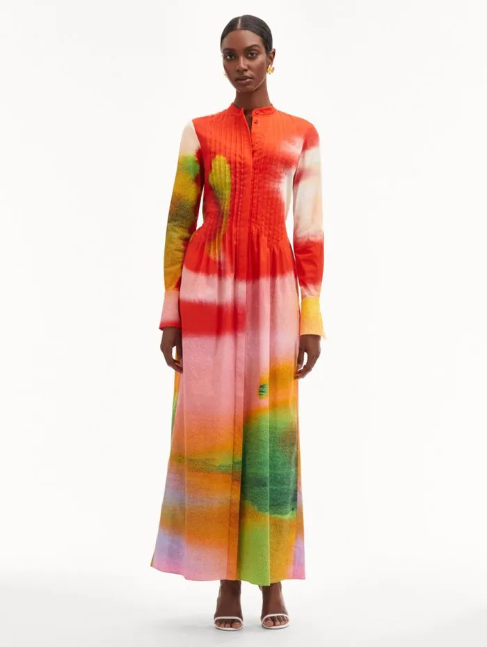 Women Oscar De La Renta Dresses Abstract Watercolor Caftan Vermilion Multi