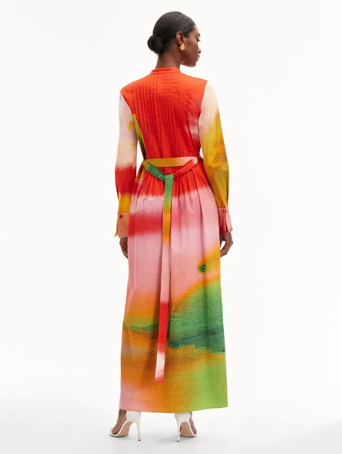 Women Oscar De La Renta Dresses Abstract Watercolor Caftan Vermilion Multi