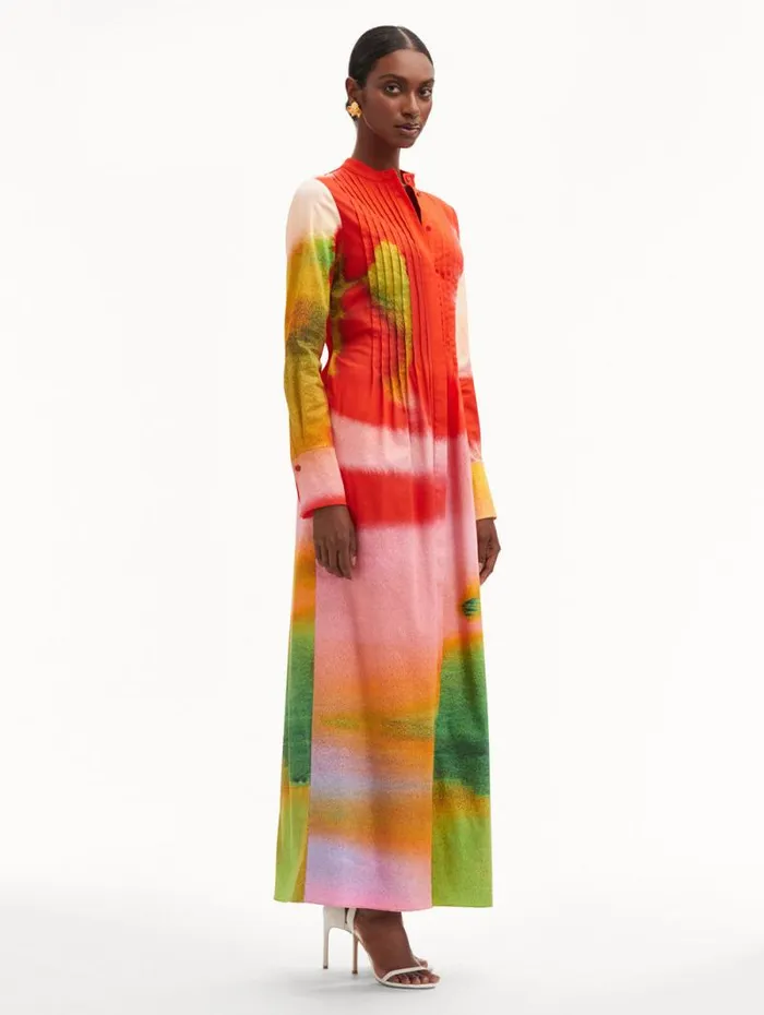 Women Oscar De La Renta Dresses Abstract Watercolor Caftan Vermilion Multi