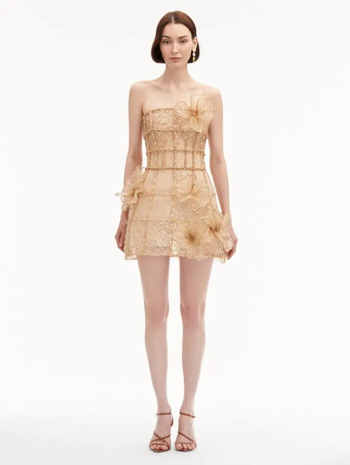 Women Oscar De La Renta Dresses Crystal Grid Orchid Cocktail Dress Gold Women Oscar De La Renta Dresses Crystal Grid Orchid Cocktail Dress Gold