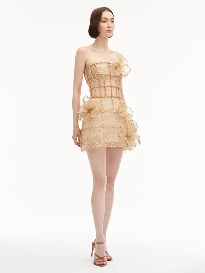 Women Oscar De La Renta Dresses Crystal Grid Orchid Cocktail Dress Gold Women Oscar De La Renta Dresses Crystal Grid Orchid Cocktail Dress Gold