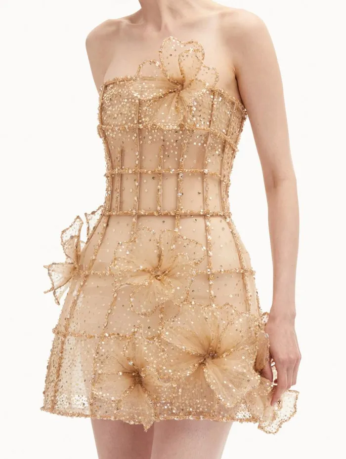 Women Oscar De La Renta Dresses Crystal Grid Orchid Cocktail Dress Gold Women Oscar De La Renta Dresses Crystal Grid Orchid Cocktail Dress Gold