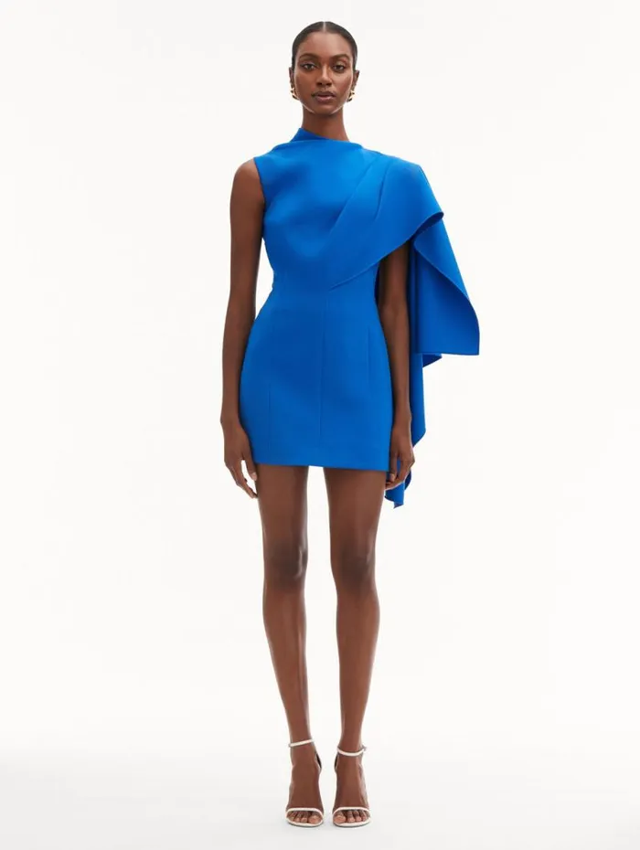 Women Oscar De La Renta Dresses One Shoulder Cape Dress Lapis Women Oscar De La Renta Dresses One Shoulder Cape Dress Lapis