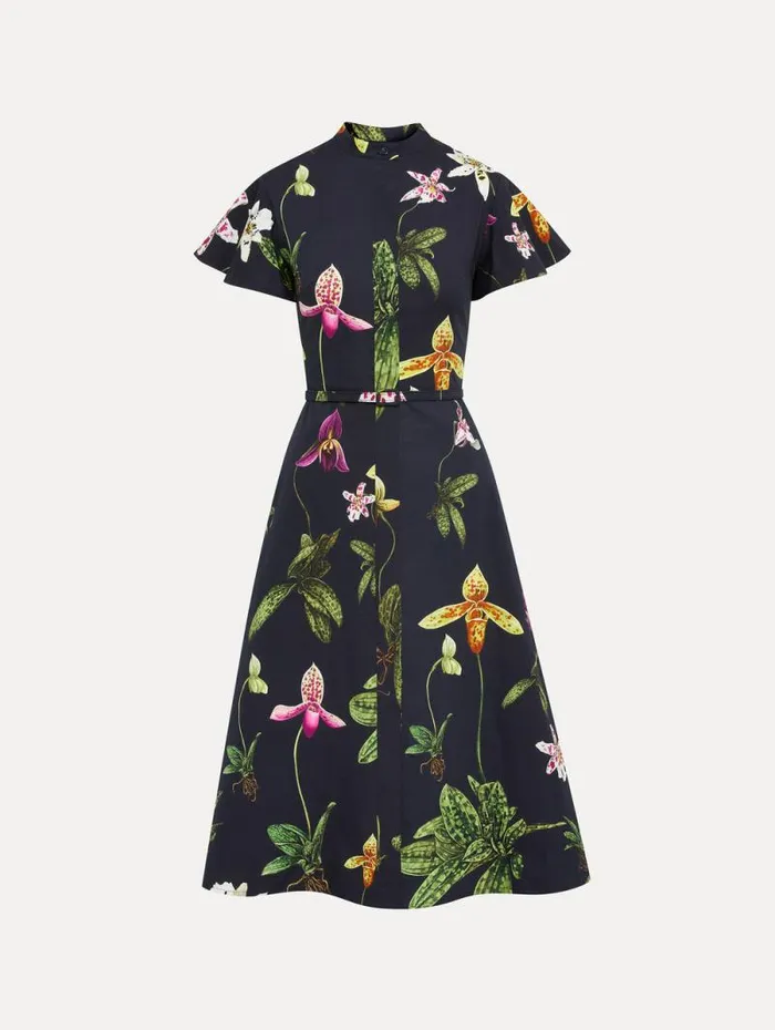Women Oscar De La Renta Dresses Orchid Cotton Poplin Short Sleeve Dress Navy Multi