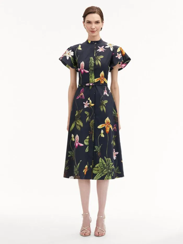 Women Oscar De La Renta Dresses Orchid Cotton Poplin Short Sleeve Dress Navy Multi Women Oscar De La Renta Dresses Orchid Cotton Poplin Short Sleeve Dress Navy Multi