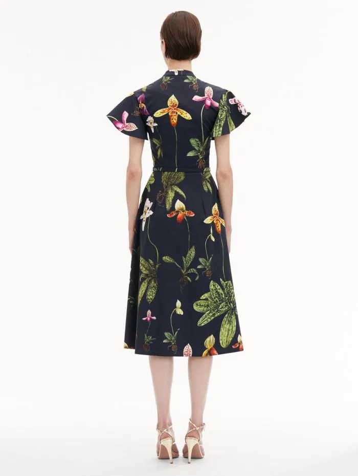 Women Oscar De La Renta Dresses Orchid Cotton Poplin Short Sleeve Dress Navy Multi Women Oscar De La Renta Dresses Orchid Cotton Poplin Short Sleeve Dress Navy Multi