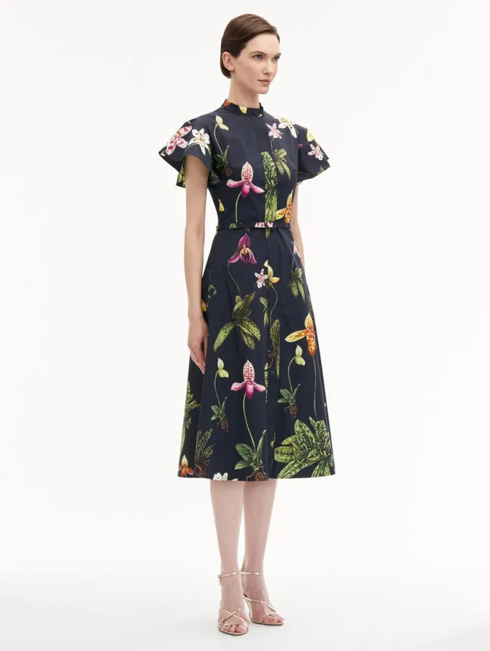 Women Oscar De La Renta Dresses Orchid Cotton Poplin Short Sleeve Dress Navy Multi Women Oscar De La Renta Dresses Orchid Cotton Poplin Short Sleeve Dress Navy Multi