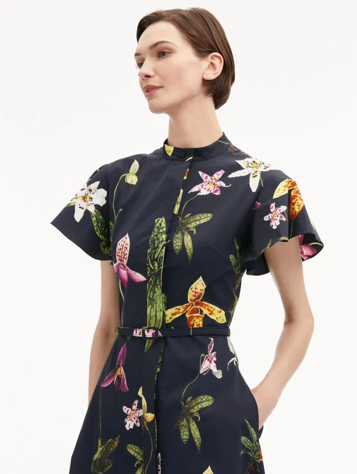 Women Oscar De La Renta Dresses Orchid Cotton Poplin Short Sleeve Dress Navy Multi Women Oscar De La Renta Dresses Orchid Cotton Poplin Short Sleeve Dress Navy Multi