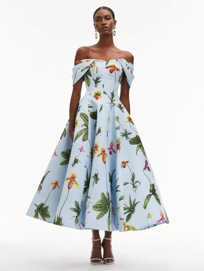 Women Oscar De La Renta Dresses Orchid Off Shoulder Faille Gown Light Blue Multi Women Oscar De La Renta Dresses Orchid Off Shoulder Faille Gown Light Blue Multi