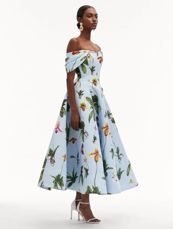 Women Oscar De La Renta Dresses Orchid Off Shoulder Faille Gown Light Blue Multi Women Oscar De La Renta Dresses Orchid Off Shoulder Faille Gown Light Blue Multi
