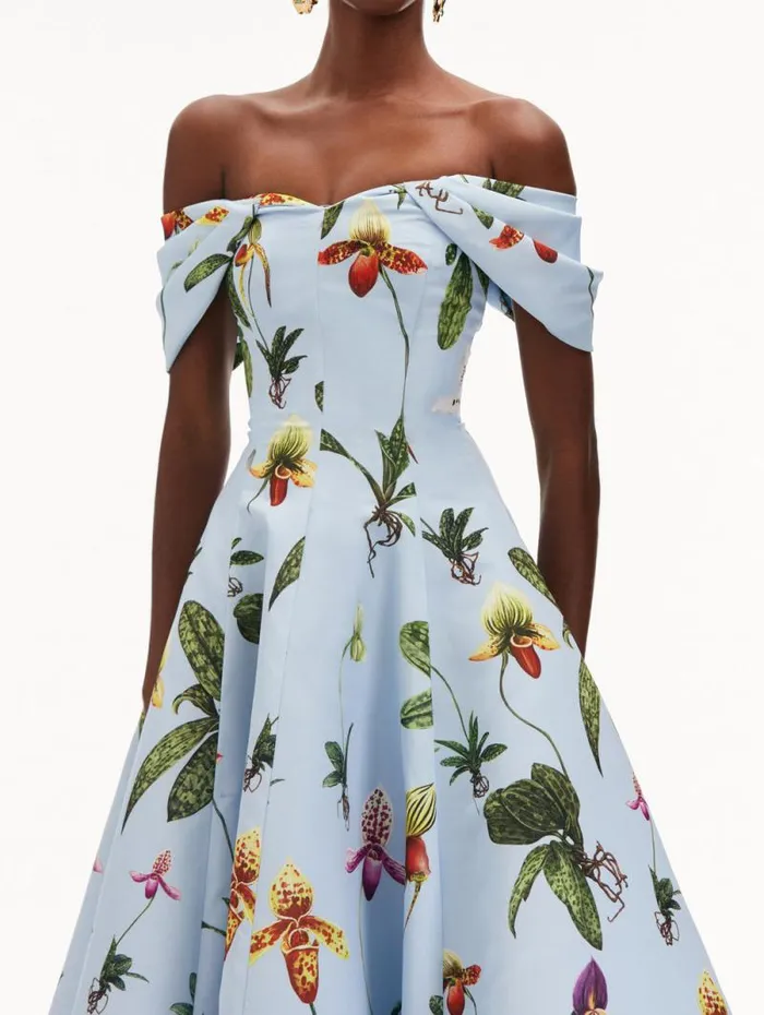 Women Oscar De La Renta Dresses Orchid Off Shoulder Faille Gown Light Blue Multi Women Oscar De La Renta Dresses Orchid Off Shoulder Faille Gown Light Blue Multi