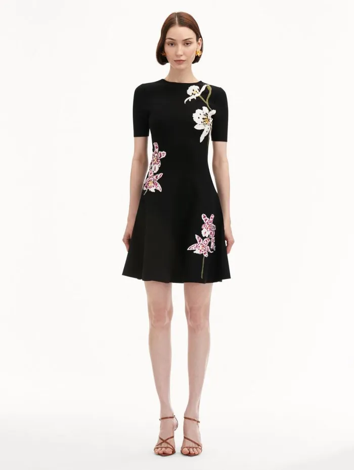 Women Oscar De La Renta Dresses Orchid Threadwork Jacquard Dress Black Multi Women Oscar De La Renta Dresses Orchid Threadwork Jacquard Dress Black Multi