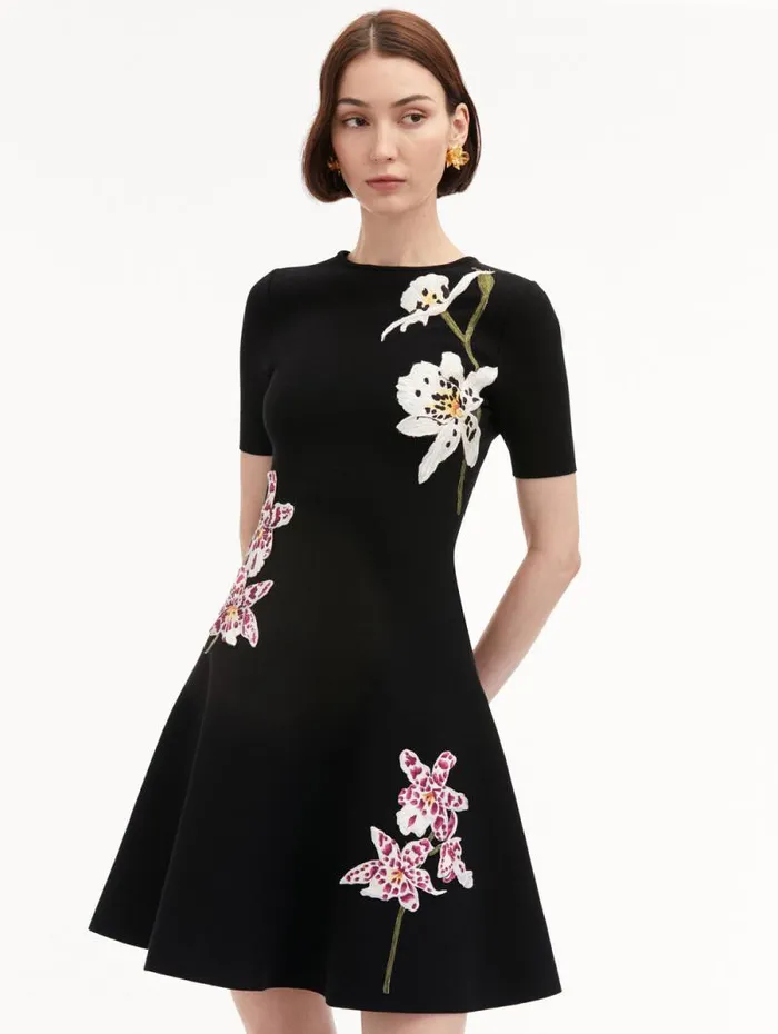 Women Oscar De La Renta Dresses Orchid Threadwork Jacquard Dress Black Multi Women Oscar De La Renta Dresses Orchid Threadwork Jacquard Dress Black Multi