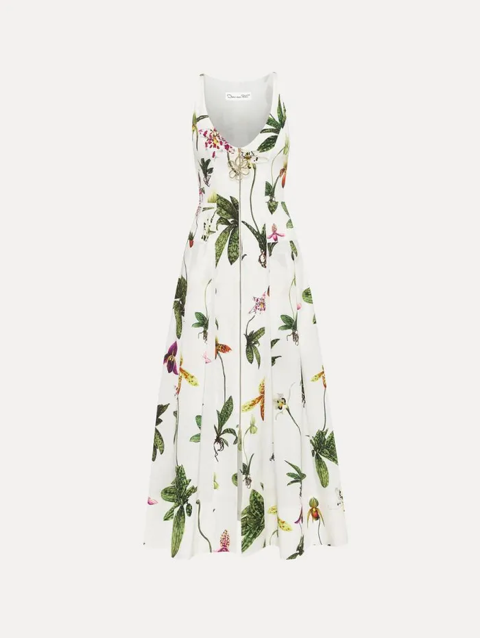 Women Oscar De La Renta Dresses Orchid Zip Front Cotton Poplin Dress White Multi