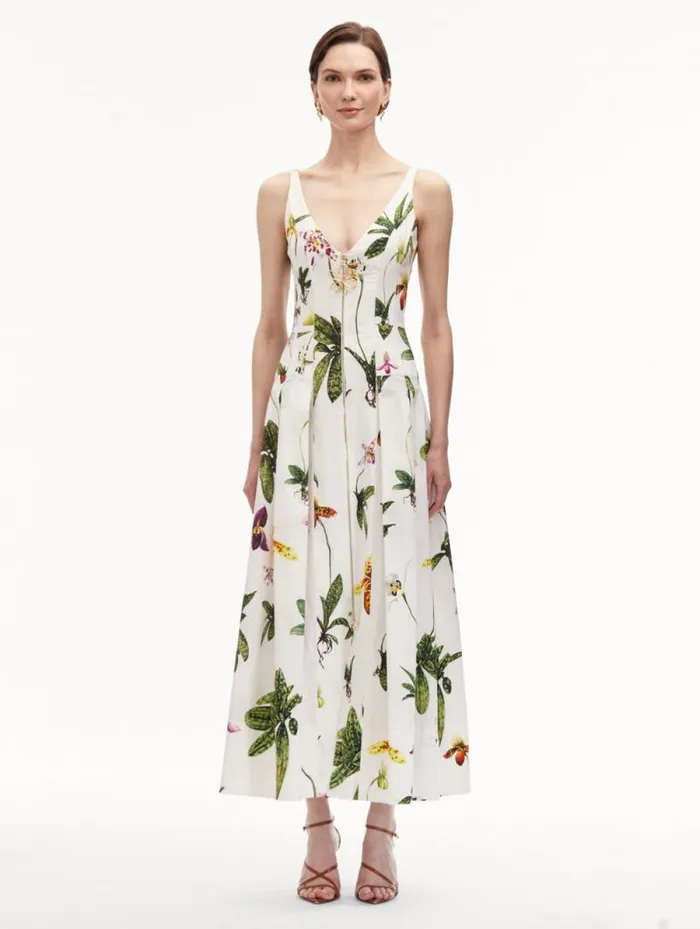 Women Oscar De La Renta Dresses Orchid Zip Front Cotton Poplin Dress White Multi Women Oscar De La Renta Dresses Orchid Zip Front Cotton Poplin Dress White Multi