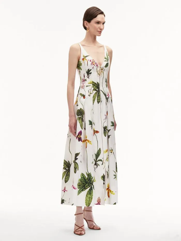 Women Oscar De La Renta Dresses Orchid Zip Front Cotton Poplin Dress White Multi Women Oscar De La Renta Dresses Orchid Zip Front Cotton Poplin Dress White Multi