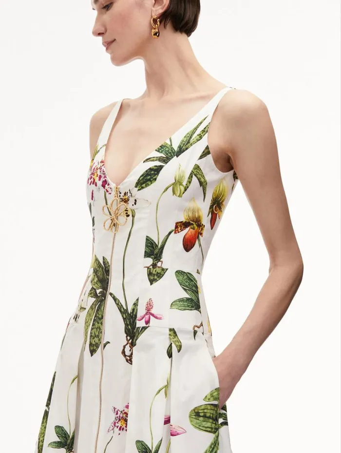 Women Oscar De La Renta Dresses Orchid Zip Front Cotton Poplin Dress White Multi Women Oscar De La Renta Dresses Orchid Zip Front Cotton Poplin Dress White Multi