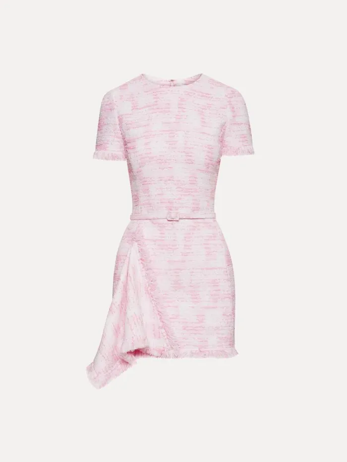 Women Oscar De La Renta Dresses Textured Tweed Draped Dress White Pink
