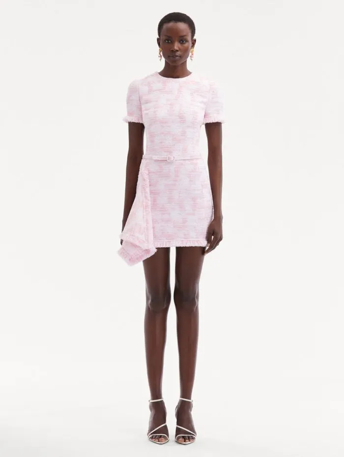Women Oscar De La Renta Dresses Textured Tweed Draped Dress White Pink Women Oscar De La Renta Dresses Textured Tweed Draped Dress White Pink