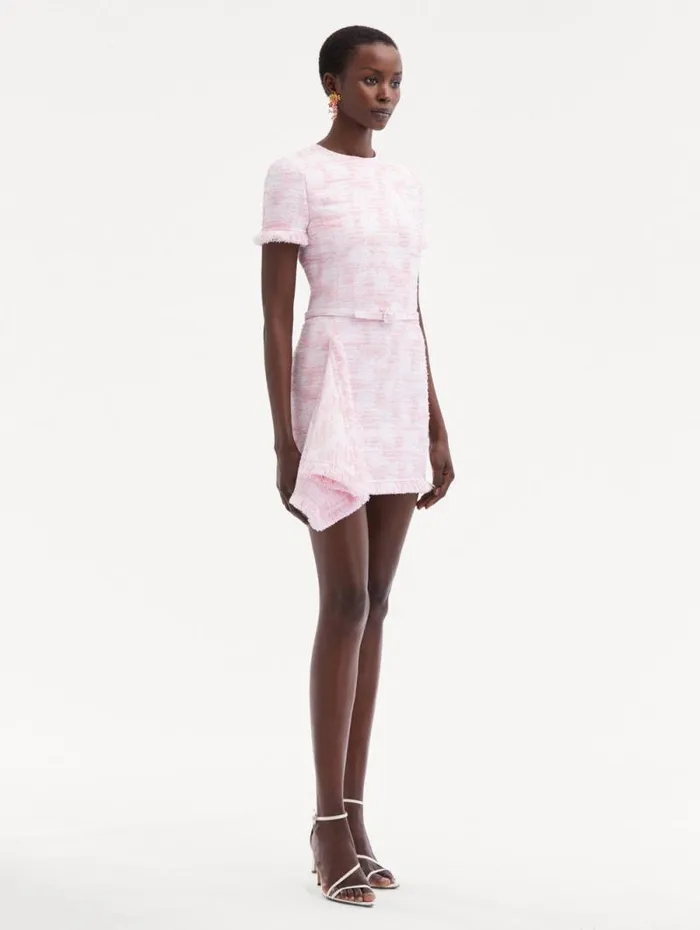 Women Oscar De La Renta Dresses Textured Tweed Draped Dress White Pink Women Oscar De La Renta Dresses Textured Tweed Draped Dress White Pink