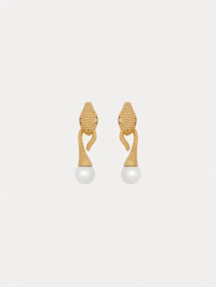 Women Oscar De La Renta Earrings Snake Pearl Drop ClipOn Earrings Gold