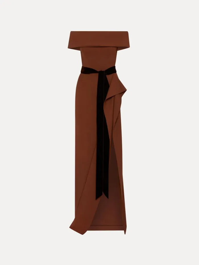 Women Oscar De La Renta Gowns and Caftans RibbonDetailed Off Shoulder Gown Cocoa