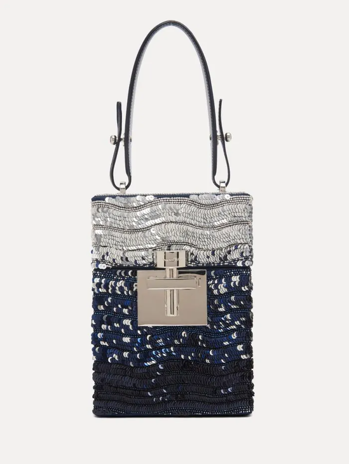 Women Oscar De La Renta Handbags Ombr Sequin Alibi Top Handle Bag Silver and Blue
