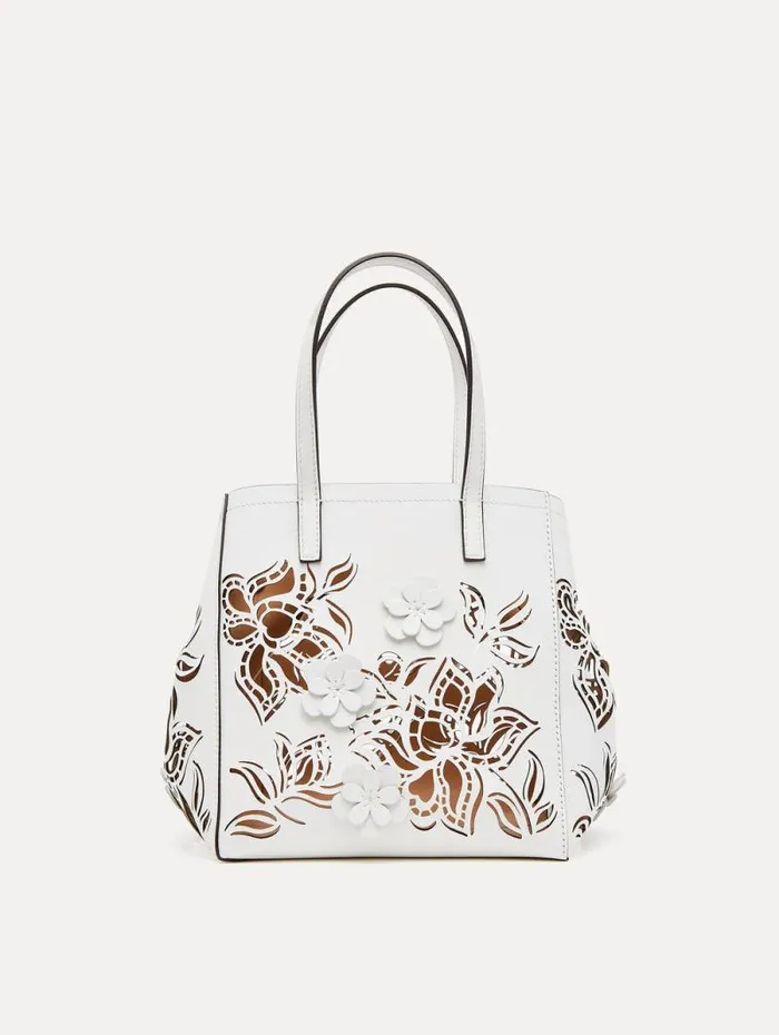 Women Oscar De La Renta Handbags Small Laser Cut Floral Square Tote Ivory
