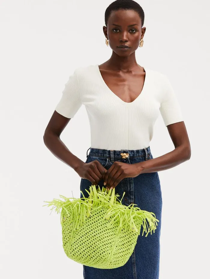 Women Oscar De La Renta Handbags Small Raffia Crochet Square Tote Citrine Women Oscar De La Renta Handbags Small Raffia Crochet Square Tote Citrine