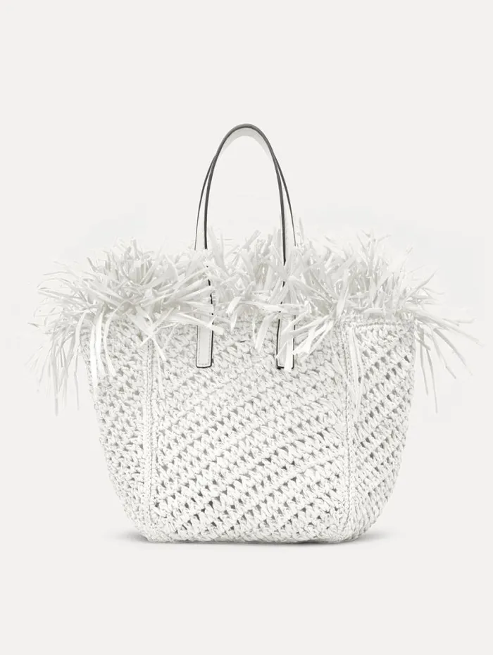 Women Oscar De La Renta Handbags Small Raffia Crochet Square Tote White