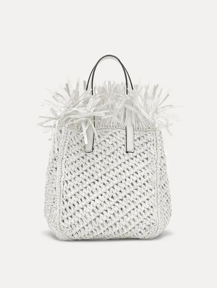 Women Oscar De La Renta Handbags Small Raffia Crochet Square Tote White