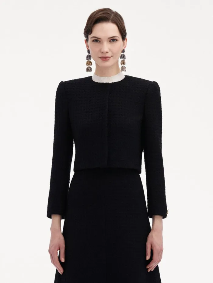 Women Oscar De La Renta Jackets and Coats Bow Button Tweed Jacket Black Women Oscar De La Renta Jackets and Coats Bow Button Tweed Jacket Black