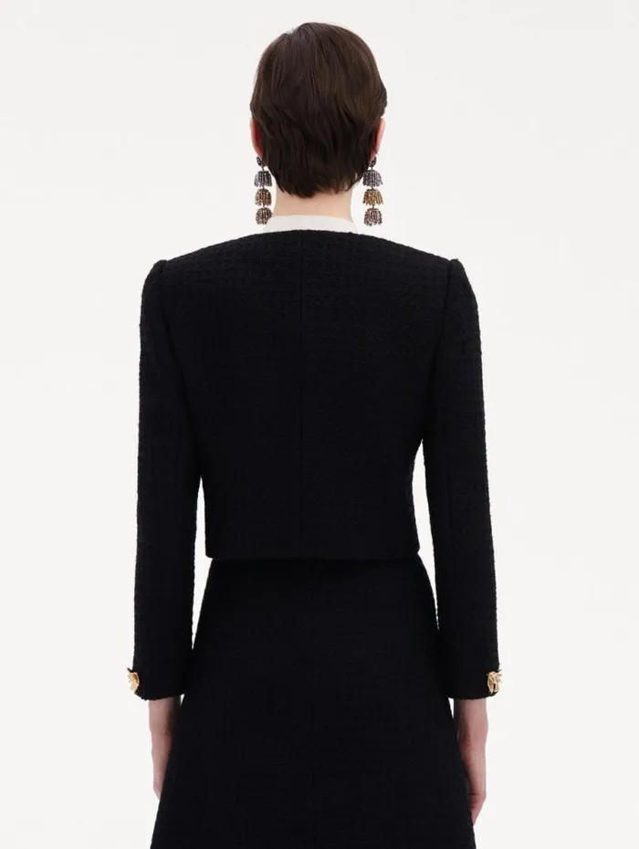 Women Oscar De La Renta Jackets and Coats Bow Button Tweed Jacket Black Women Oscar De La Renta Jackets and Coats Bow Button Tweed Jacket Black