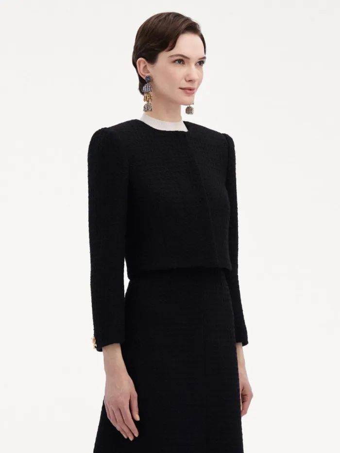 Women Oscar De La Renta Jackets and Coats Bow Button Tweed Jacket Black Women Oscar De La Renta Jackets and Coats Bow Button Tweed Jacket Black