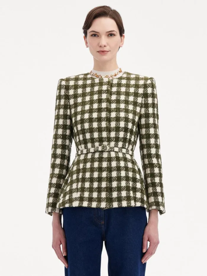 Women Oscar De La Renta Jackets and Coats Chenille Check Tweed Jacket Ivory Olive Women Oscar De La Renta Jackets and Coats Chenille Check Tweed Jacket Ivory Olive