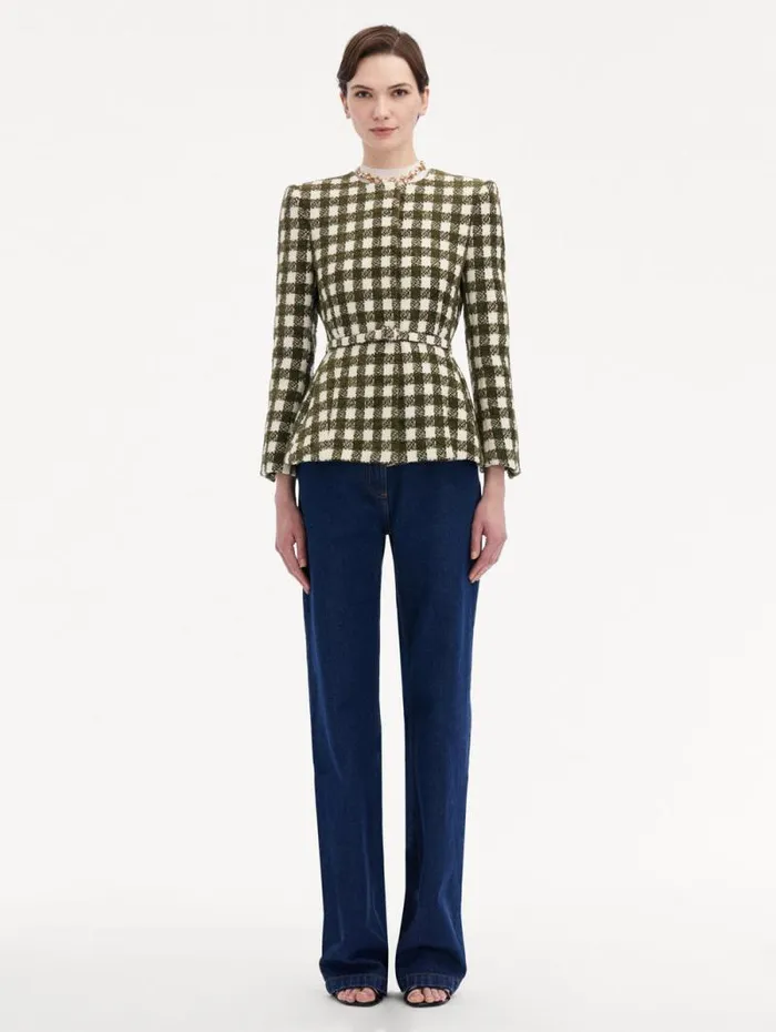 Women Oscar De La Renta Jackets and Coats Chenille Check Tweed Jacket Ivory Olive Women Oscar De La Renta Jackets and Coats Chenille Check Tweed Jacket Ivory Olive