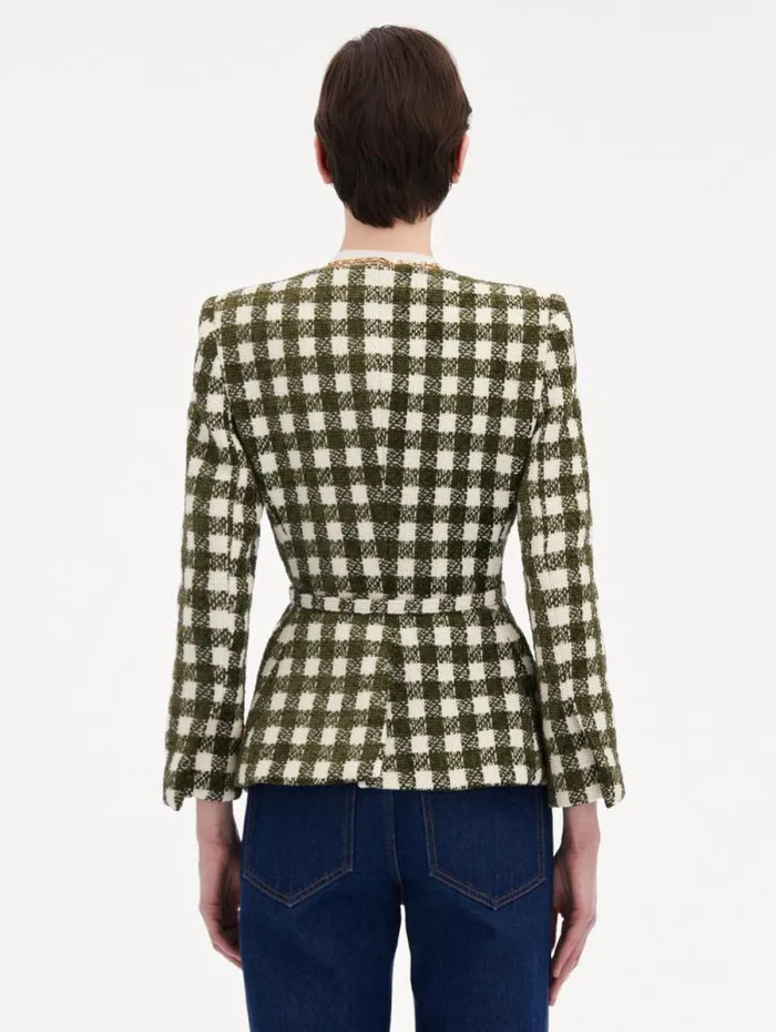 Women Oscar De La Renta Jackets and Coats Chenille Check Tweed Jacket Ivory Olive Women Oscar De La Renta Jackets and Coats Chenille Check Tweed Jacket Ivory Olive